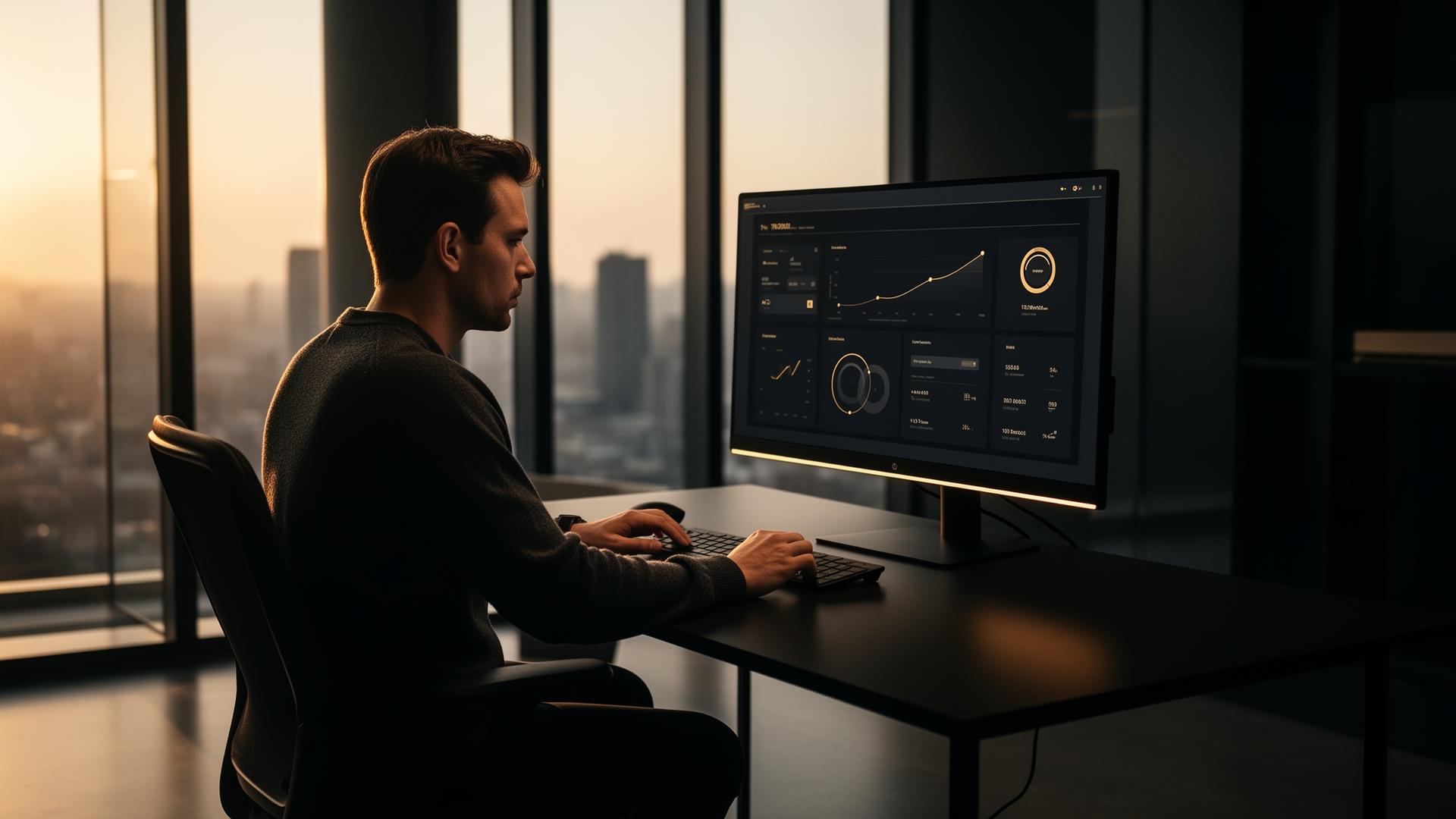Founder reviewing an AI dashboard at sunrise